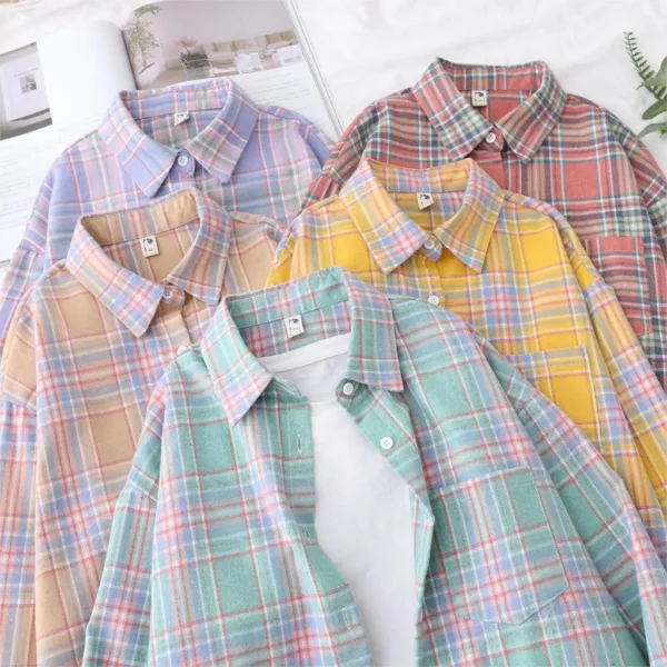 2023 New Fashion Loose Womens Plaid Shirt Fresh College Style Design Blouses And Tops Long Sleeve Casual Female Checked Clothes - Image 2