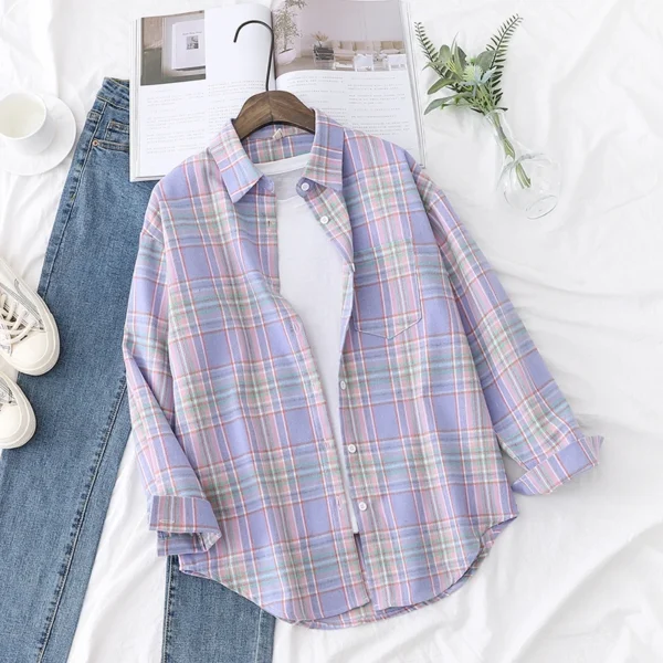 2023 New Fashion Loose Womens Plaid Shirt Fresh College Style Design Blouses And Tops Long Sleeve Casual Female Checked Clothes - Image 4