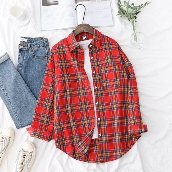 2023 New Fashion Loose Womens Plaid Shirt Fresh College Style Design Blouses And Tops Long Sleeve Casual Female Checked Clothes