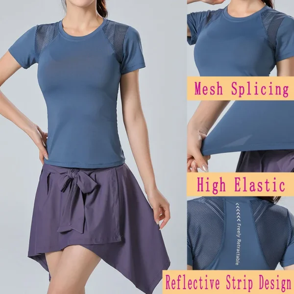 PofyBofy Mesh Stitching Reflective Strip Back Quick Dry Elastic Breathable Basic Short Sleeve Yoga T-shirt Women Gym Fitness Top - Image 5