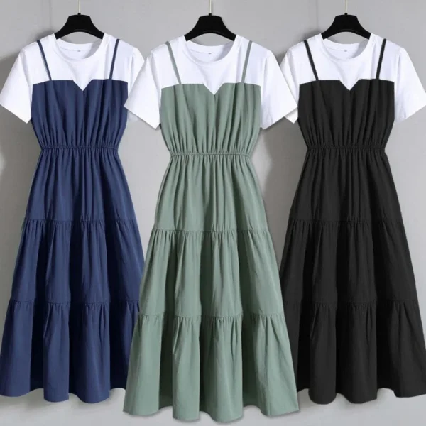 Fashionable Women Clothing Strap Long Dress Summer Fat Girl New Chinese Style Slim Short Sleeve Dress