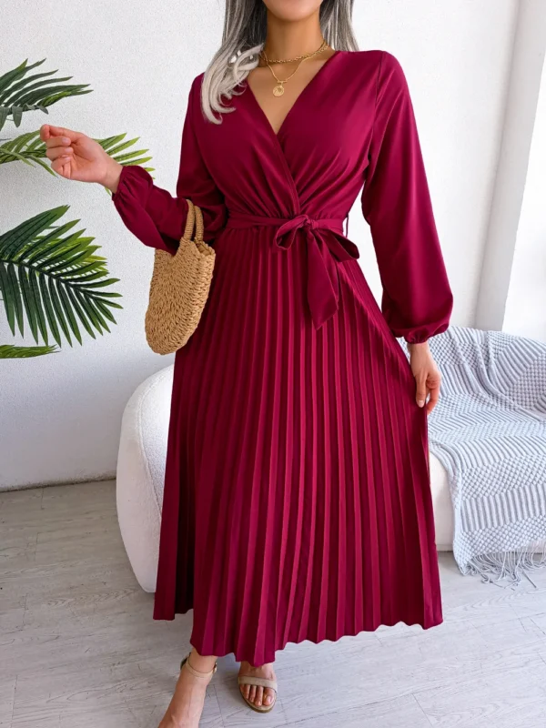 Women Elegant V Neck Long Sleeve Pleated Maxi Dress