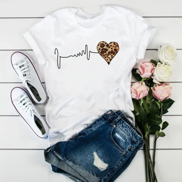 Summer New 90 's Leopard Heartbeat Short Sleeve Print Clothing Women's T-Shirt Harajuku Graphic Clothing Women's Top,Drop Ship - Image 2