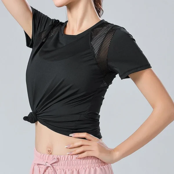PofyBofy Mesh Stitching Reflective Strip Back Quick Dry Elastic Breathable Basic Short Sleeve Yoga T-shirt Women Gym Fitness Top - Image 4