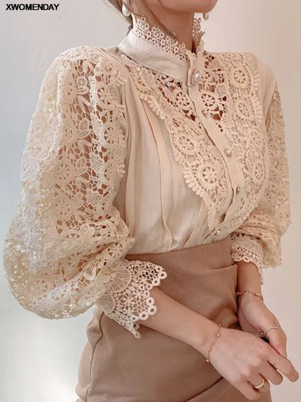 Women Chiffon Button Turtleneck Shirt Chic Elegant Floral Lace Fluffy Long Sleeve Top Fashion Hollow Oversize White Blouse 2024 - Image 4