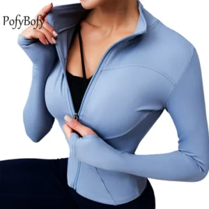 PofyBofy Thumb Hole Quick Dry Stand Collar Full Zipper Slim Fit Women Sport Long Sleeve Jacket Fitness Training Yoga Workout Top