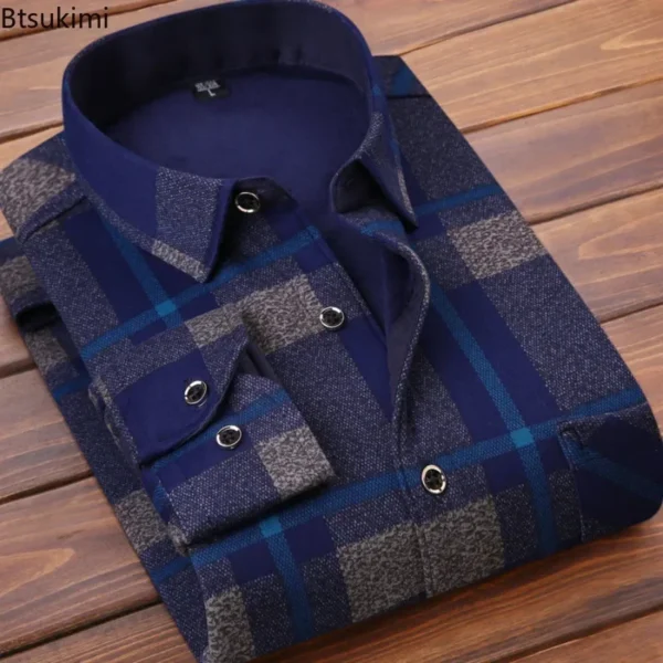 2024 Men's Winter Warm Long Sleeve Plaid Shirts Flannel Fur Lined Thick Formal Shirts Fleece Casual Shirt for Men Dress Shirts - Image 5