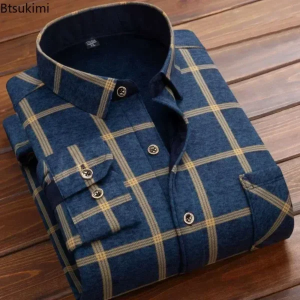 2024 Men's Winter Warm Long Sleeve Plaid Shirts Flannel Fur Lined Thick Formal Shirts Fleece Casual Shirt for Men Dress Shirts - Image 2
