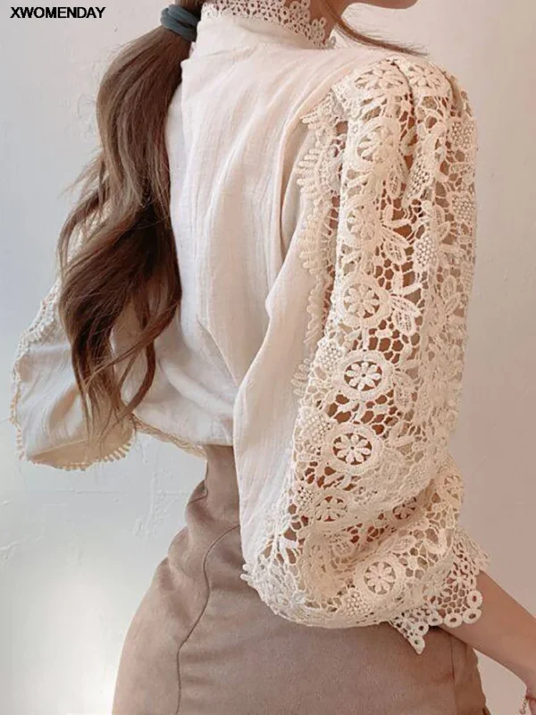 Women Chiffon Button Turtleneck Shirt Chic Elegant Floral Lace Fluffy Long Sleeve Top Fashion Hollow Oversize White Blouse 2024 - Image 3