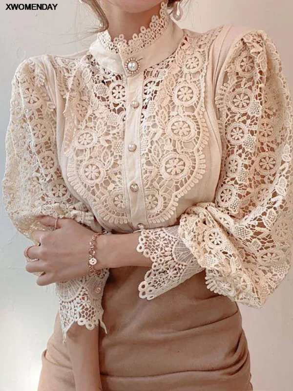 Women Chiffon Button Turtleneck Shirt Chic Elegant Floral Lace Fluffy Long Sleeve Top Fashion Hollow Oversize White Blouse 2024 - Image 2