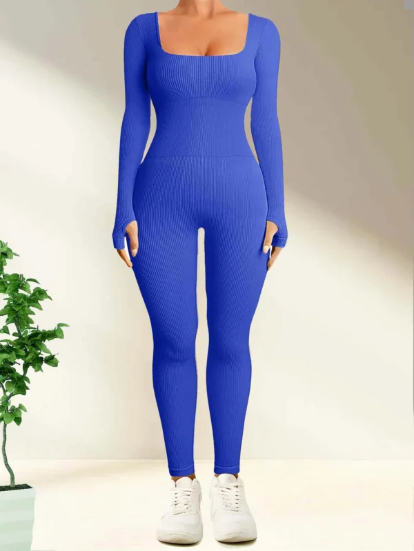 Solid Color Ribbed Yoga Jumpsuit, Seamless Slim Fit Long Sleeve Sports Bodysuit, Women's Activewear