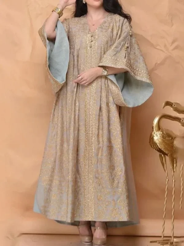 2022 Spring Summer New Women's Clothing Amazon V-neck Embroidery Loose-fit Flare Sleeve Dress Long Vest - Image 2