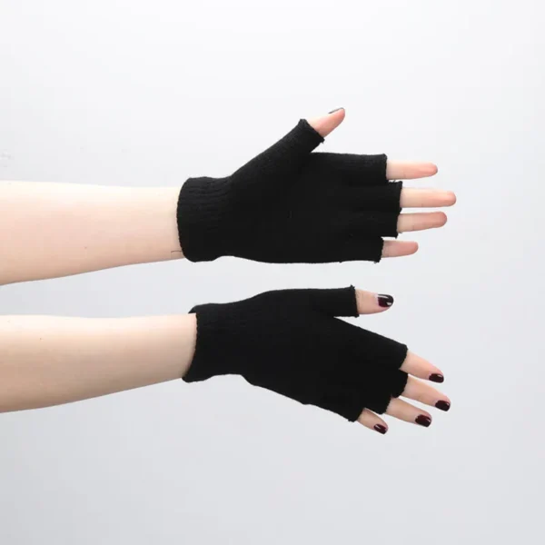 1pair Black Short Half Finger Fingerless Knit Wrist Glove Winter Warm Stretch Work Gloves for Women and Men Cycling Accessories - Image 3