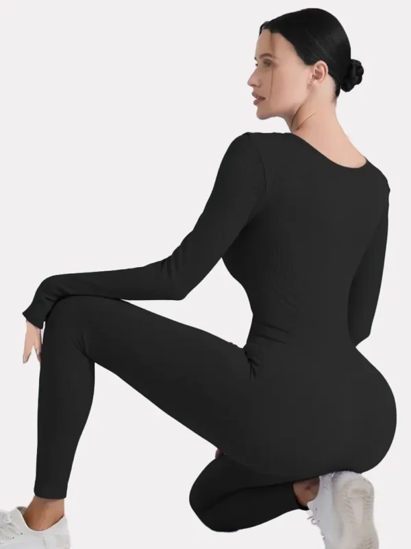 Solid Color Ribbed Yoga Jumpsuit, Seamless Slim Fit Long Sleeve Sports Bodysuit, Women's Activewear - Image 2